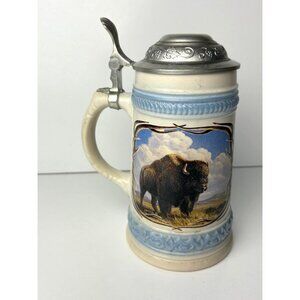 VTG Gerz German Beer Stein Pewter Lid Buffalo 95% Zinn Ceramic 8”